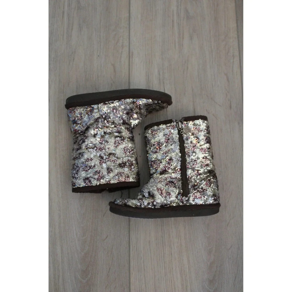 Stuart Weitzman Kids Leopard Sequin Faux Fur Lined Boots‎ Gold Brown Size 10